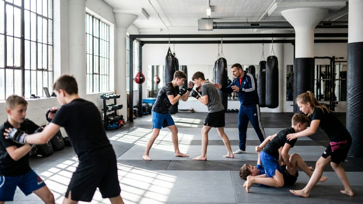 Jovens atletas em treino de artes marciais mistas numa academia desportiva