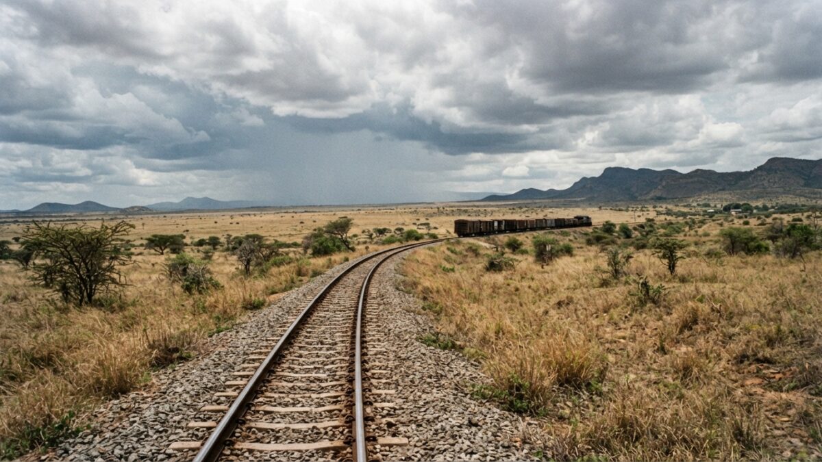 Via férrea atravessando paisagem africana com composição de carga ao fundo