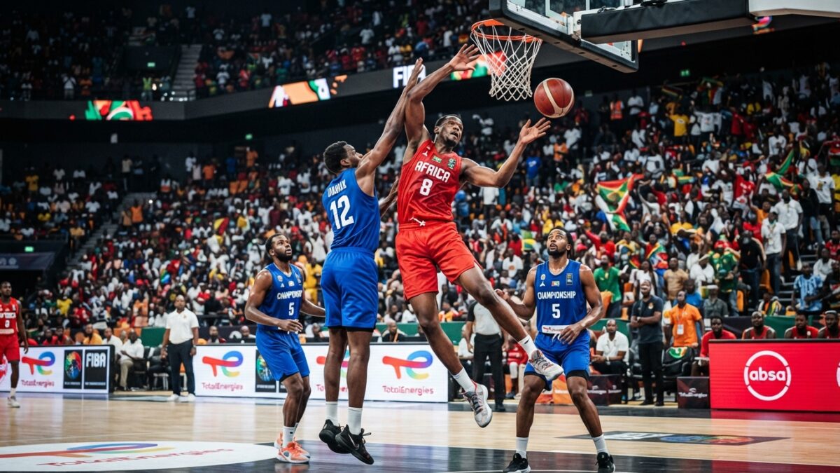 Jogo de basquetebol em pavilhão desportivo com equipas em acção durante partida de qualificação