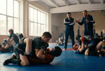 Jovens atletas em treino de Artes Marciais Mistas num ginásio especializado