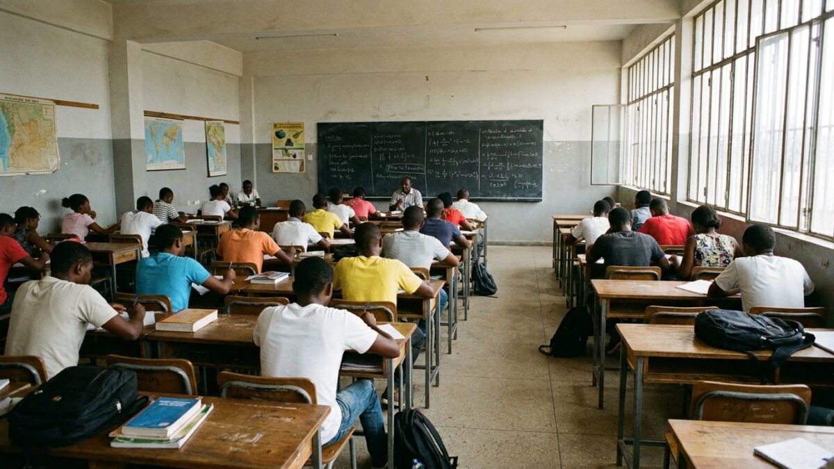 Sala de aulas universitária com estudantes em ambiente académico angolano