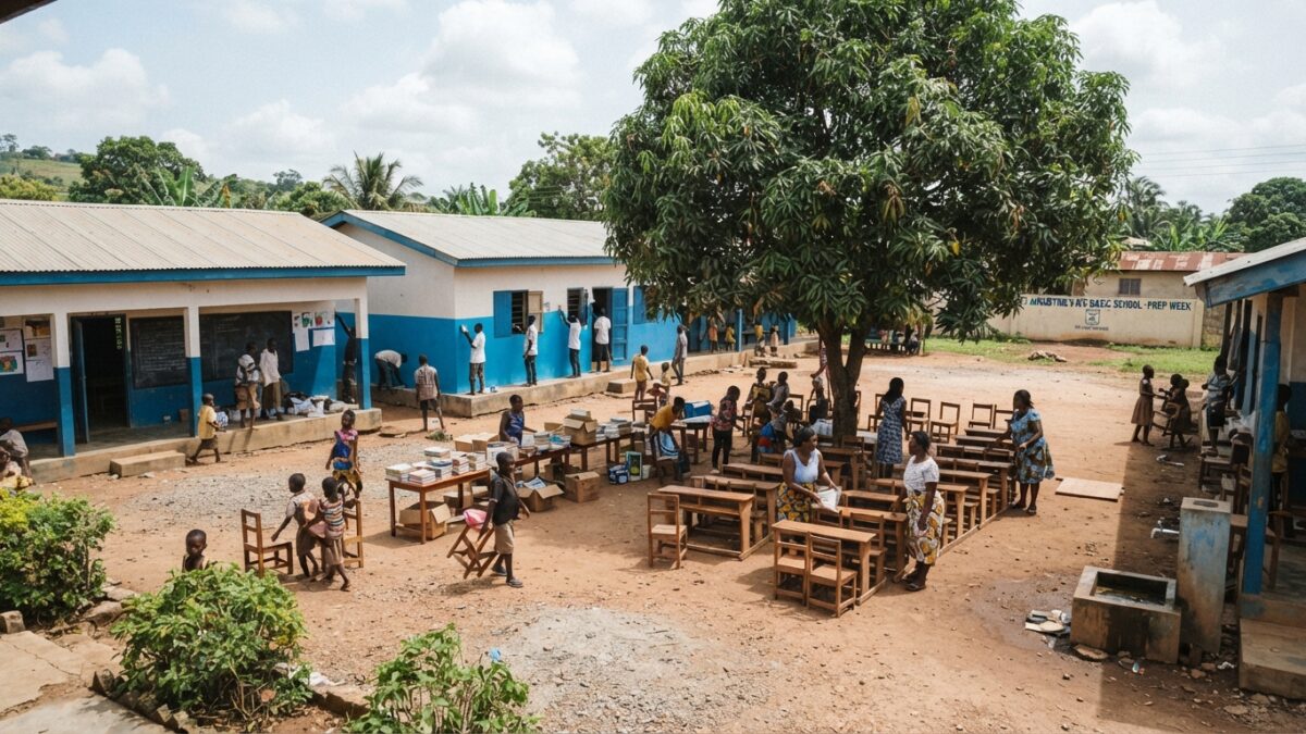 Pátio de escola durante preparativos para o início do ano lectivo em Angola
