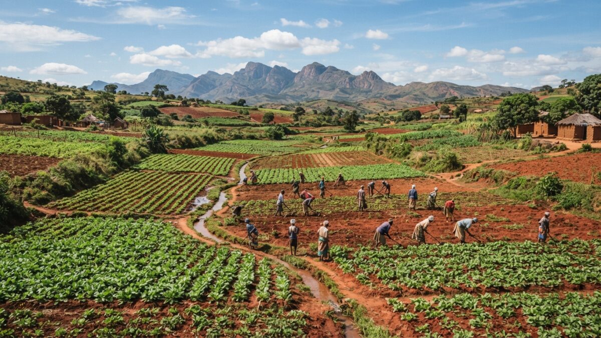 Paisagem agrícola no planalto central de Angola com campos de cultivo organizados