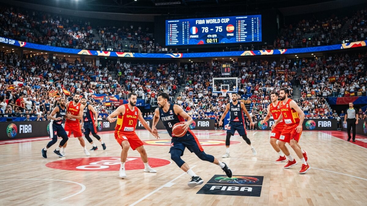 Jogo de basquetebol num pavilhão com jogadores em acção e público nas bancadas