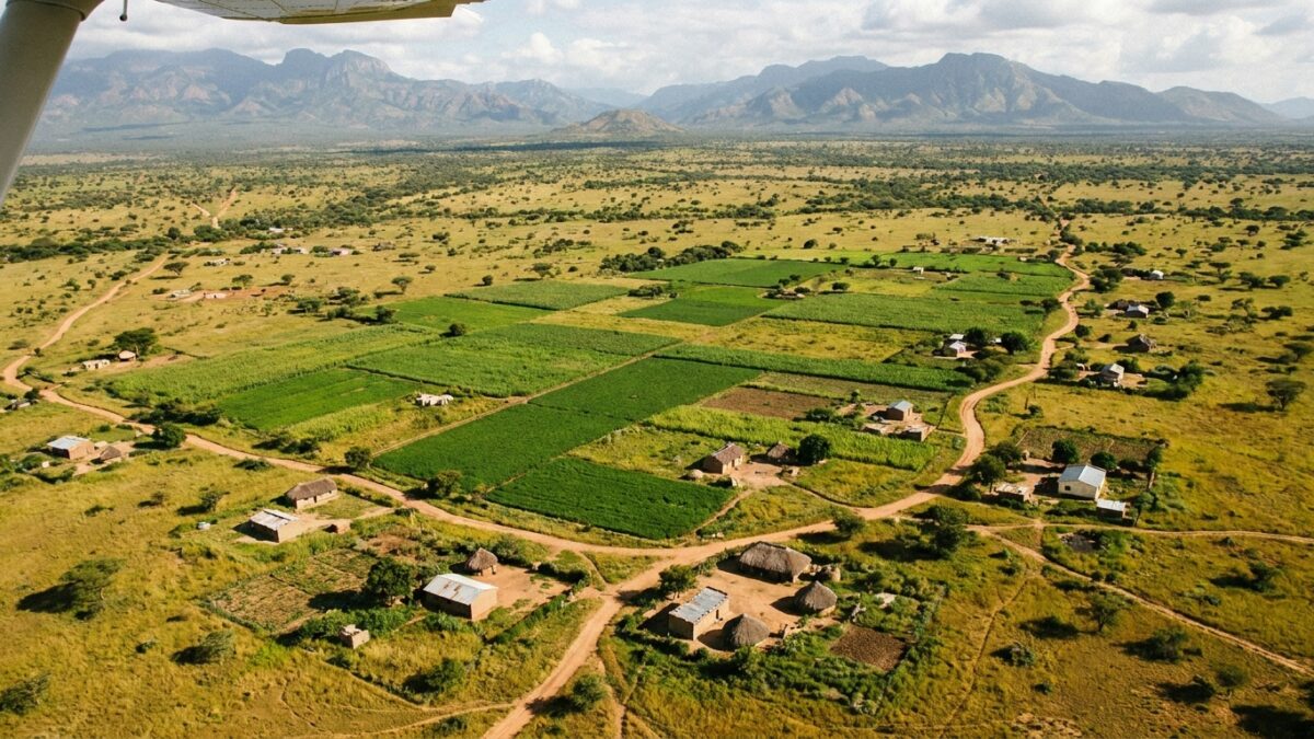 Campos agrícolas em paisagem angolana, representando a diversificação económica para além do petróleo
