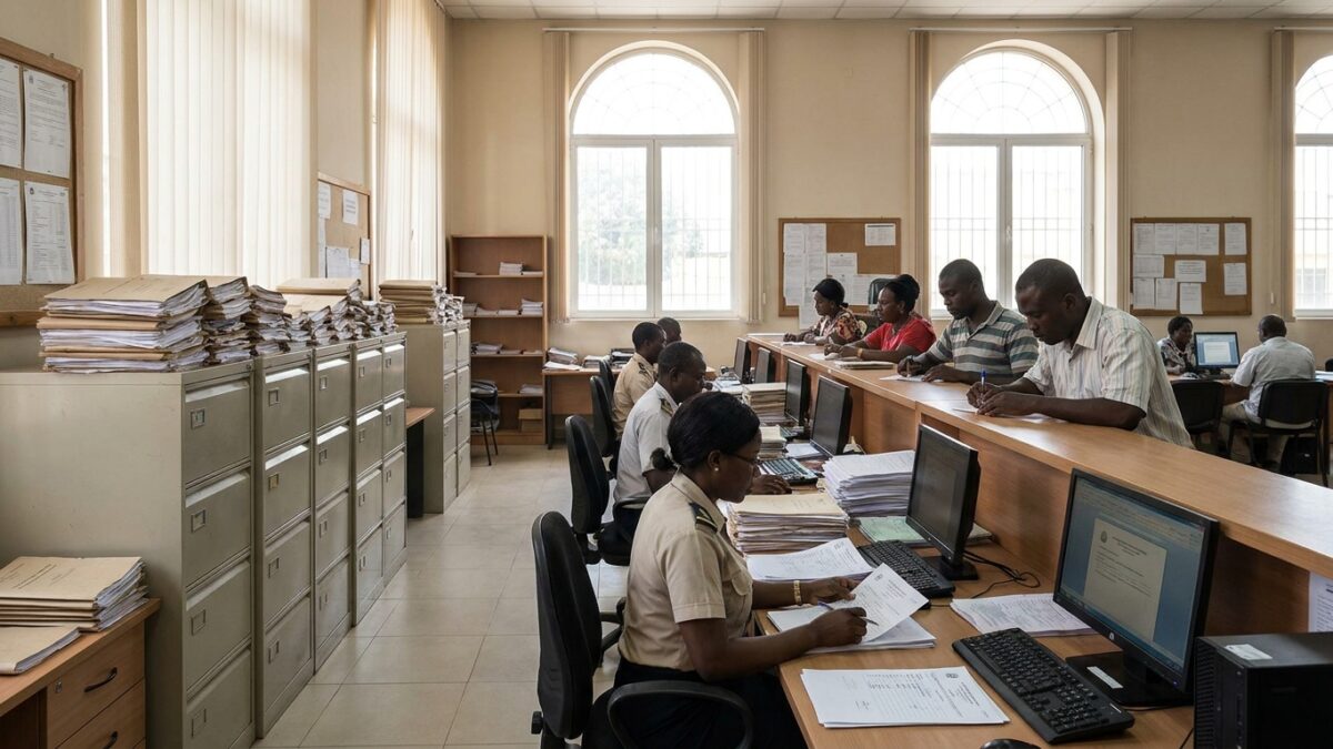 Interior de conservatória dos registos em Angola com funcionários a processar documentação predial