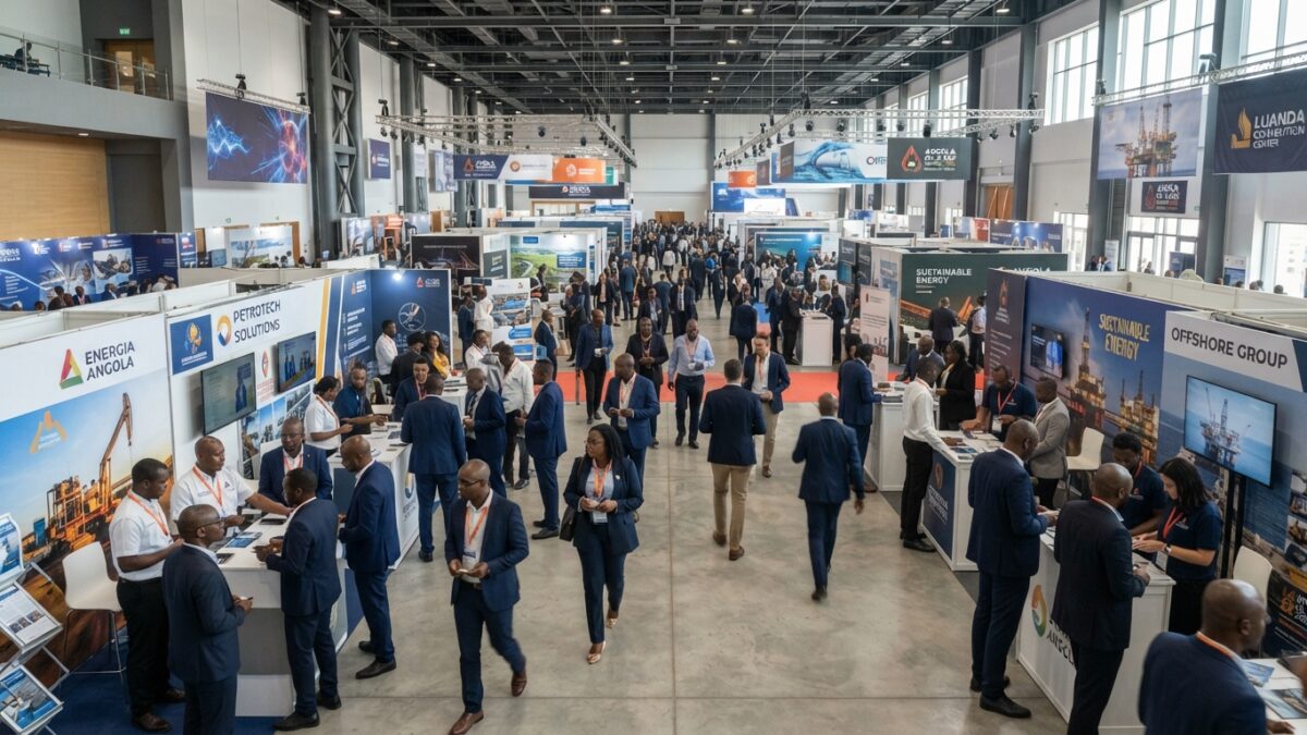 Sala de conferência da indústria petrolífera em Luanda com exposições e profissionais do sector