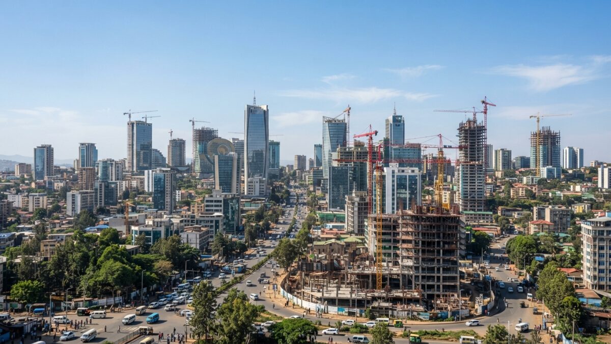 Edifícios modernos e gruas de construção simbolizando desenvolvimento económico numa cidade africana