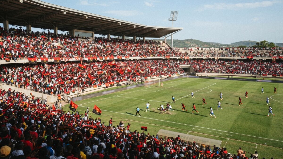 Estádio de futebol angolano durante partida do Girabola com adeptos nas bancadas