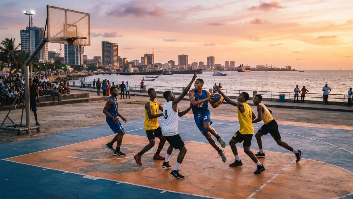 Campo de basquetebol ao ar livre junto à baía com jogadores em acção durante torneio 3x3