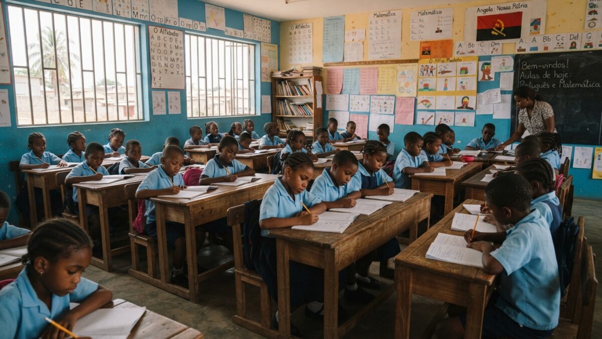 Crianças do ensino primário numa sala de aula em Luanda durante actividades de alfabetização