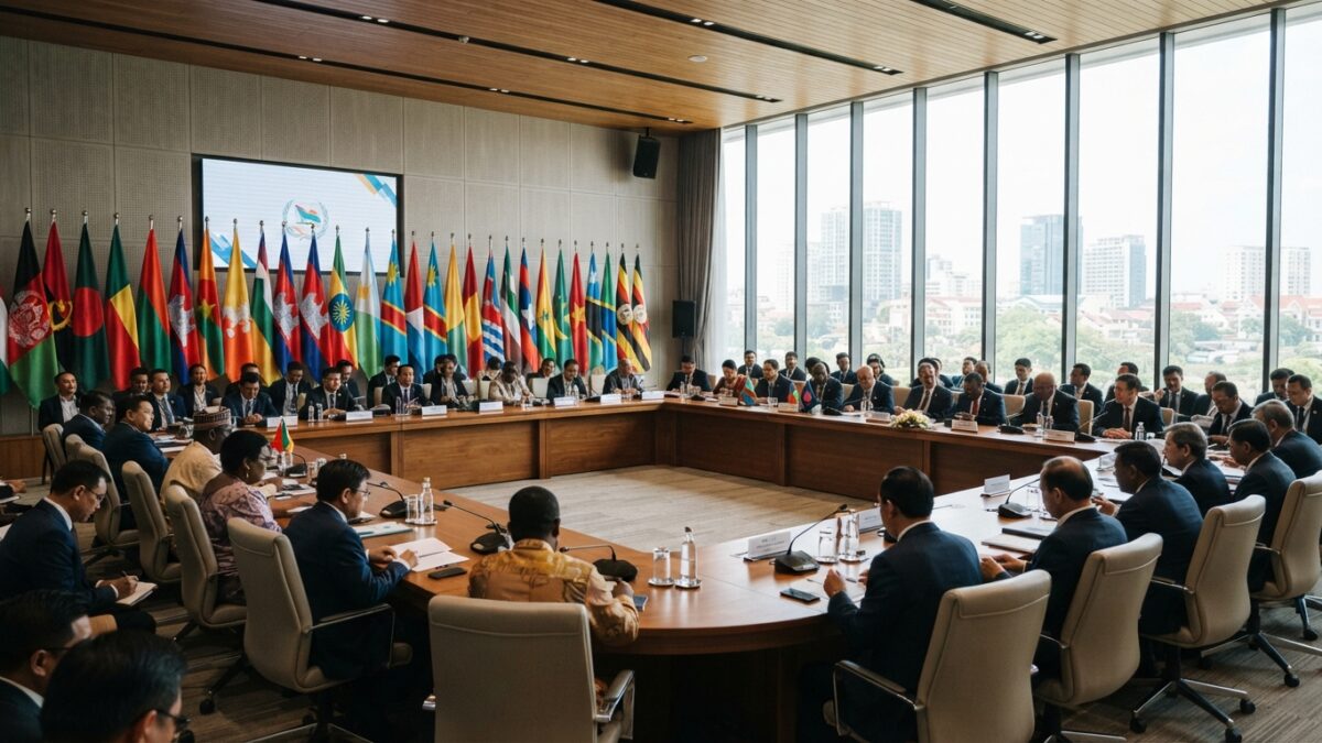 Sala de conferência internacional com delegados reunidos em torno de mesa de negociações