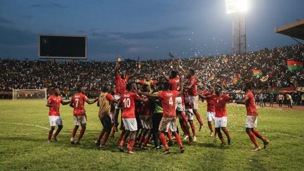 Jogadores de futebol celebram vitória em estádio africano durante jogo de qualificação
