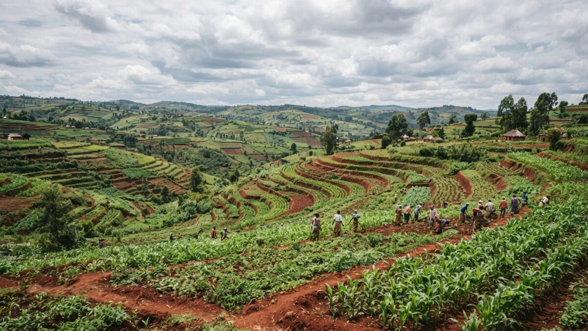 Campos agrícolas em socalcos no Planalto Central angolano com culturas de milho e hortaliças